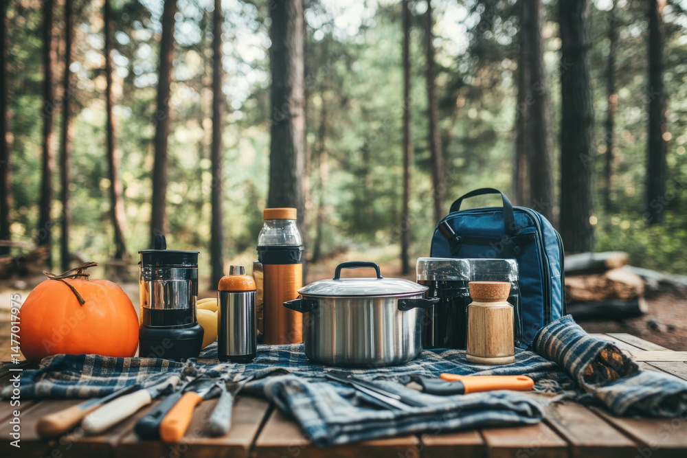 Fototapeta premium Summer Picnic Setup in the Woods. A table is set for an outdoor picnic in the forest, perfect for a summer adventure with cooking and dining supplies.