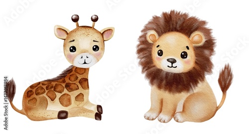 Giraffe and lion watercolor pattern design for textiles and packaging