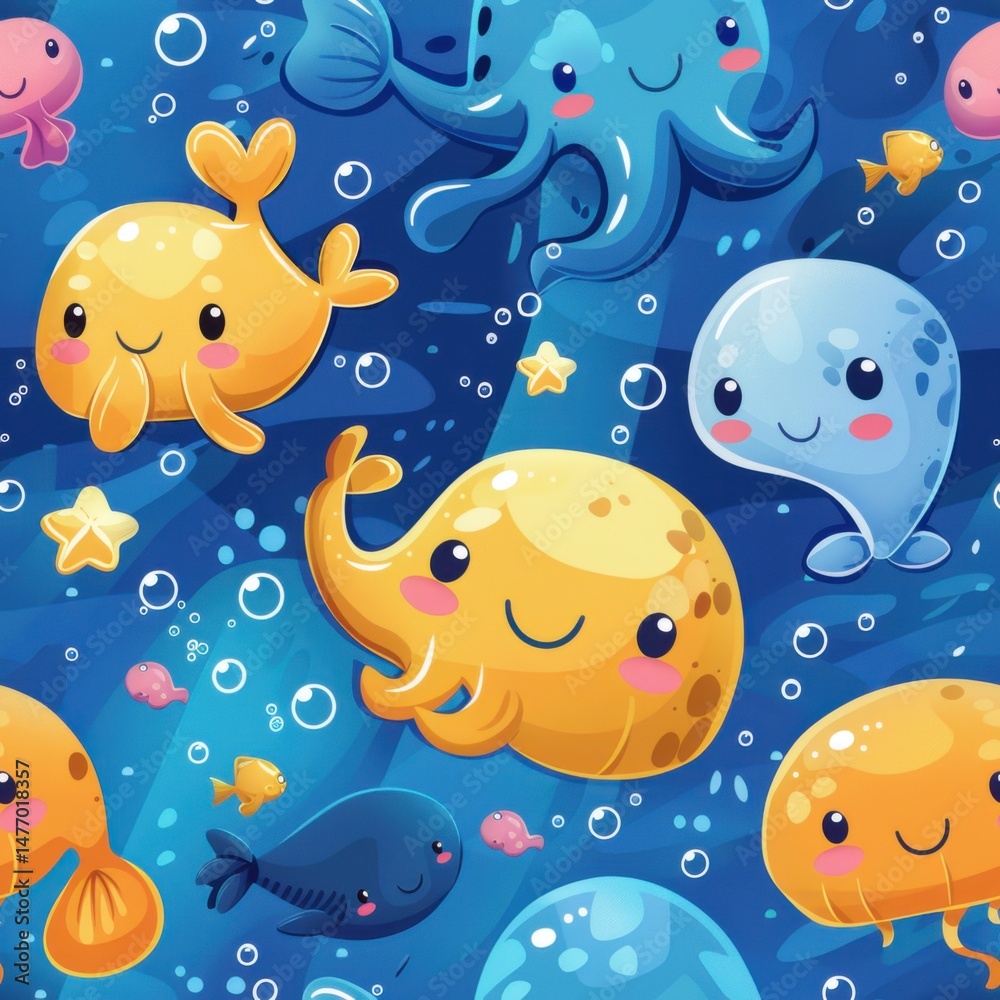 Obraz premium seamless pattern of adorable cartoon marine animals, colorful seaweed and coral, pastel background