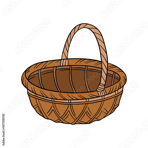 Straw wood empty brown basket. Element home collection decor container handmade for fruit, vegetables, farm, bakery, picnic, Eastern 
