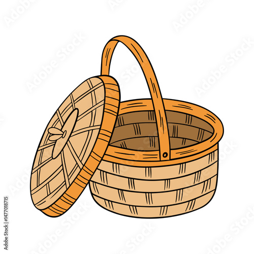 Straw wood empty brown basket. Element home collection decor container handmade for fruit, vegetables, farm, bakery, picnic, Eastern 