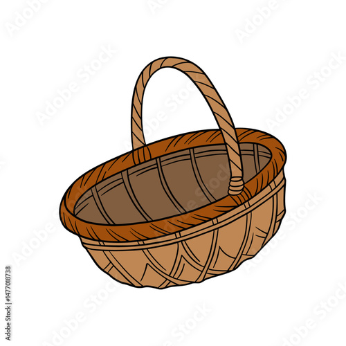 Straw wood empty brown basket. Element home collection decor container handmade for fruit, vegetables, farm, bakery, picnic, Eastern 
