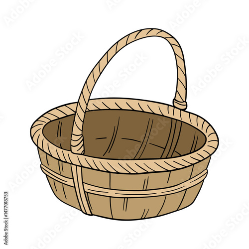 Straw wood empty brown basket. Element home collection decor container handmade for fruit, vegetables, farm, bakery, picnic, Eastern 