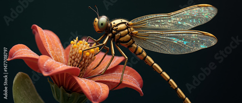 Generative AI Golden Dragonfly on Orange Flower Insect Wings Nature Macro Close-up Iridescent Pollen Stamen Petals Beauty Fragility Transformation Metamorphosis Fantasy - Download Now