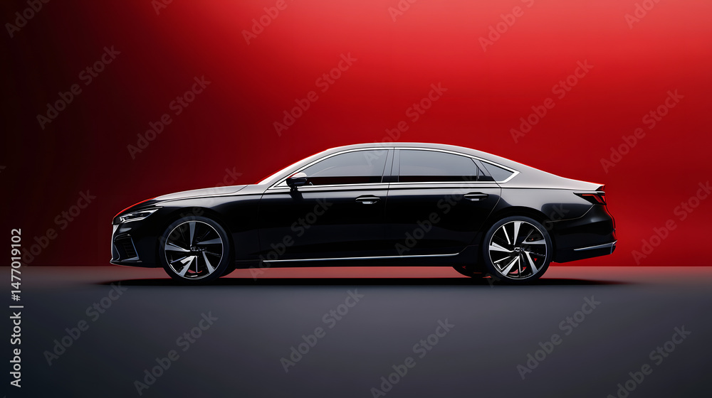 Obraz premium New car, sedan type in modern style. Copy-space, banner composition. 3D illustration
