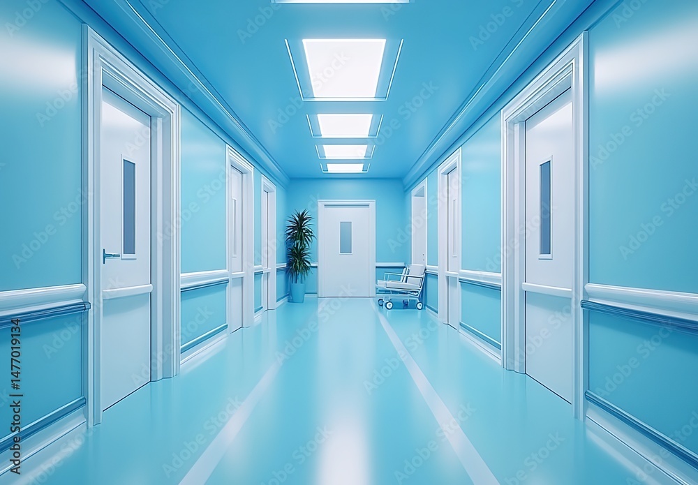 Obraz premium Hospital corridor with blue walls, white doors, bench, and paintings.
