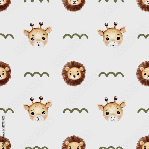 Photography Giraffe and lion watercolor pattern for textile and wallpaper designs
