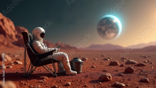 An astronaut sitting on a camping chair on Mars, with Earth visible in the distance. The peaceful scene captures the solitude of space exploration on the Martian surface