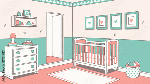 Cozy baby nursery featuring pink walls, white furniture, and playful decor, creating warm and inviting atmosphere