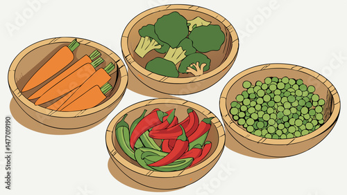 Fresh vegetables in wooden bowls, including carrots, broccoli, green peas, and red chili peppers, create vibrant display