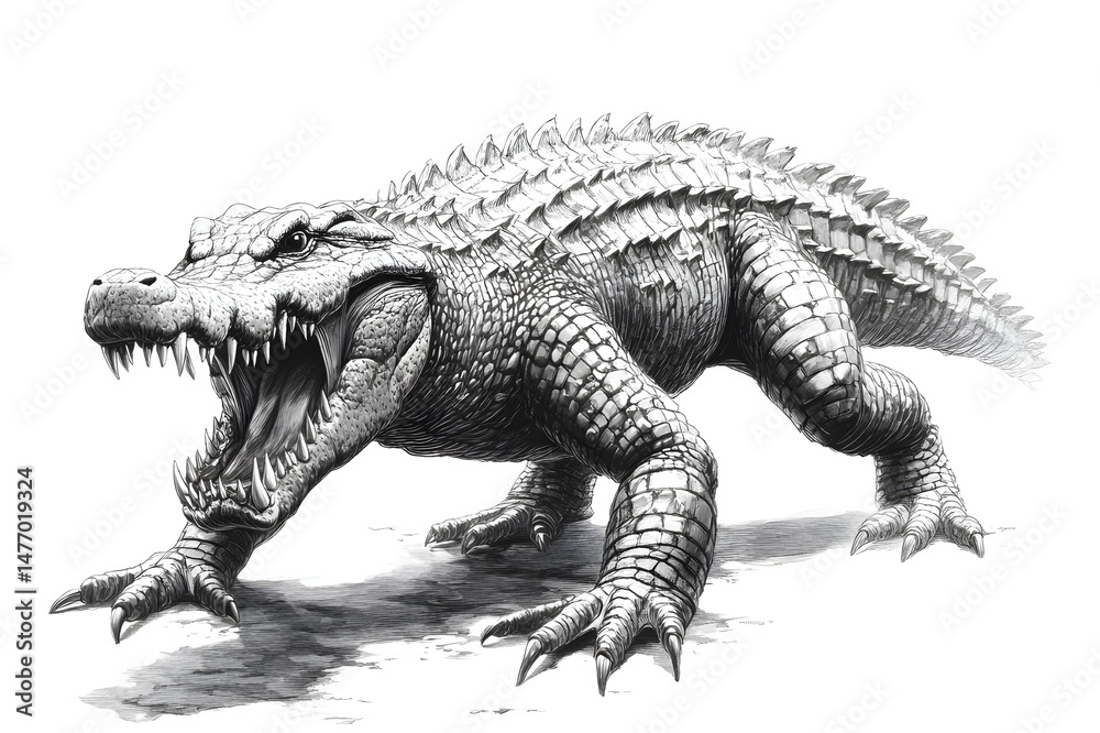 Fototapeta premium Pencil drawing of an angry, fierce and vicious crocodile, showing its fangs from a side view, white background