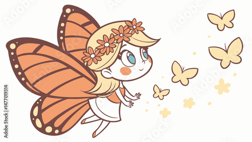 Whimsical fairy with blonde hair and blue eyes, adorned with floral crown, gracefully flutters among butterflies