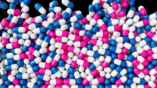 Realistic 3D animation showing vibrant pink and blue capsules falling into a pile on a black background. Clean pharmaceutical style. Great for illustrating supplements, medicine, pharmacy ads, or