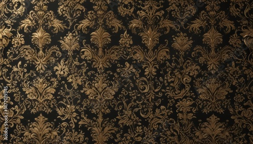 Intricate black & gold damask pattern, metallic accents, scroll, glossy