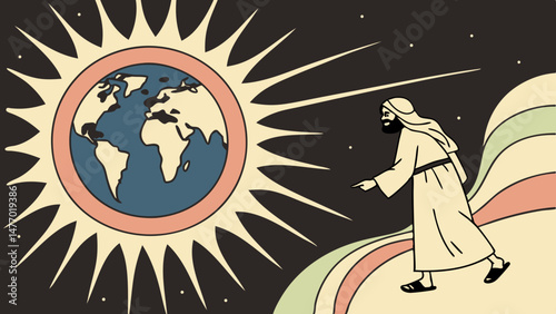 Breathtaking depiction of Earth being engulfed by light, showcasing figure walking towards it with wonder