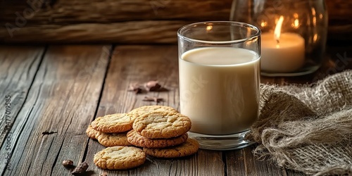 Stacked peanut cookies with milk and wheat stalks on wood.