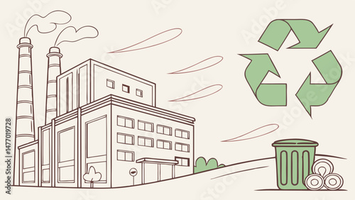 Eco friendly factory with recycling symbol and waste bin, promoting sustainability and environmental awareness