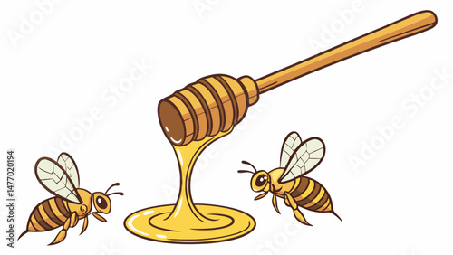 Honey drips from wooden dipper, surrounded by two cartoon bees, creating sweet and inviting scene
