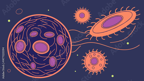 Highly detailed digital rendering of abstract cells and microorganisms in vibrant colors, showcasing cosmic theme