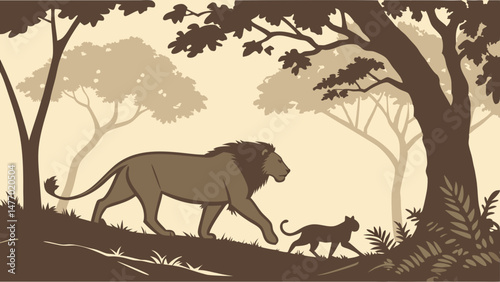 Lion and cat walking side by side in serene forest setting, showcasing unique bond in nature