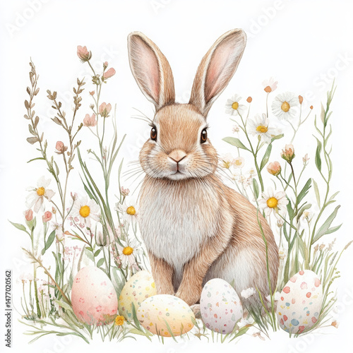 Cute bunny feels joyful and content surrounded by easter eggs and flowers
