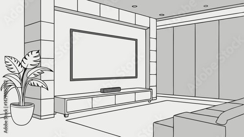 Modern living room featuring large blank wall for TV, stylish sofa, and decorative plant, creating serene atmosphere