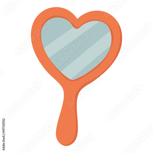 Cartoon hand mirror with heart shape, symbol of self-love, reflection and feminine beauty.