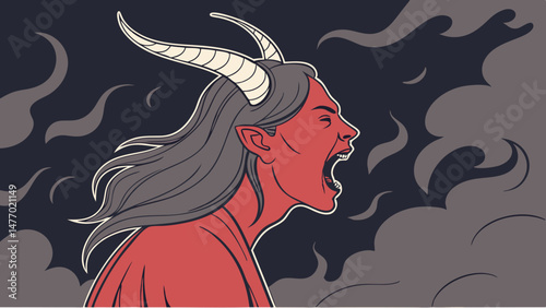 Red demon with long hair and horns is screaming amidst swirling smoke, conveying sense of intense emotion and power