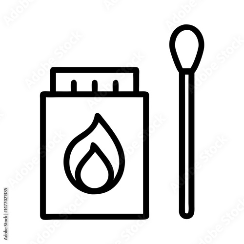 Matchstick and matchbox icon in black outline style