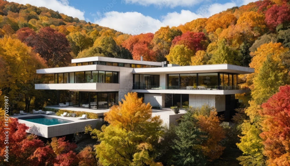 Obraz premium Autumnal Architectural Marvel: Modern House nestled in Vibrant Fall Foliage