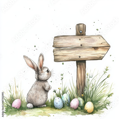 Sweet bunny curiously inspects wooden sign among decorated eggs