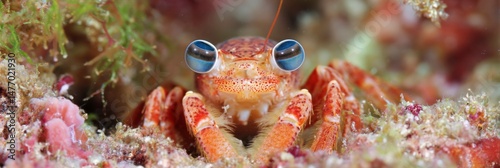 Vibrant hermit crab explores coral reef expanse photo