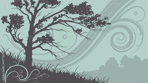 Abstract design featuring silhouette of tree against teal background, with swirling patterns and grass elements