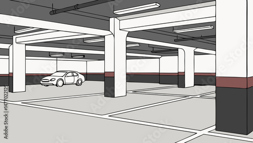 Empty parking garage with white and black walls, featuring single car parked spacious area, evokes sense of solitude