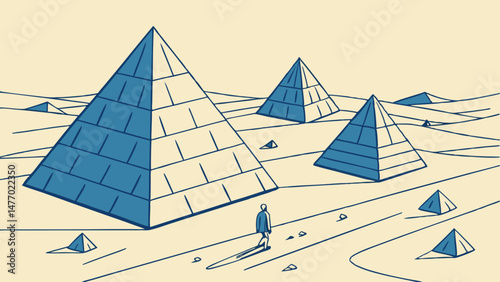 Person walking through surreal landscape featuring geometric pyramids and scattered rocks, evoking sense of exploration