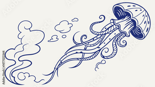 Stylized blue jellyfish with flowing tentacles and whimsical clouds in background creates serene underwater scene