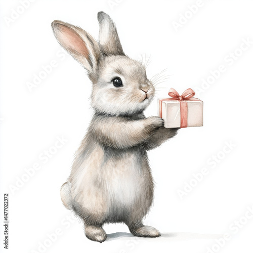 Adorable bunny presents gift, feeling so grateful and full of love