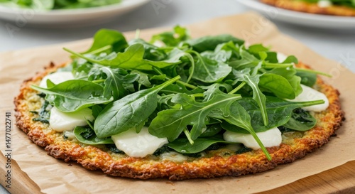Healthy pizza topped with spinach and mozzarella