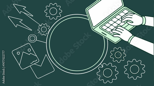 Close up of hands typing on laptop with gears and arrows, symbolizing digital creativity and productivity