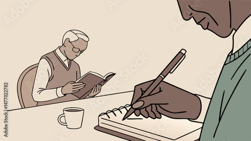Close up of hands writing in notebook while older man reads book in cozy setting. scene conveys focus and reflection