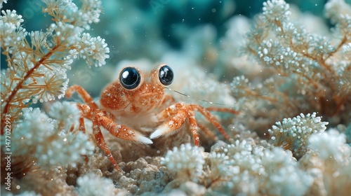 Cute crab with expressive eyes among sea polyps