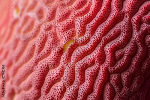 Macro photography capturing the bumpy, reddish, textured surface of a lychee fruit skin, highlighting its unique pattern and details