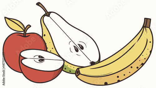 Fresh fruit composition featuring apple, pear, and banana, showcasing vibrant colors and playful expressions
