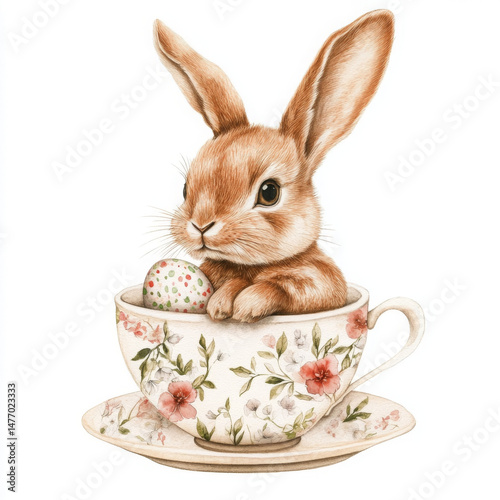 Cute bunny sits in flowered teacup, radiating joy and anticipation