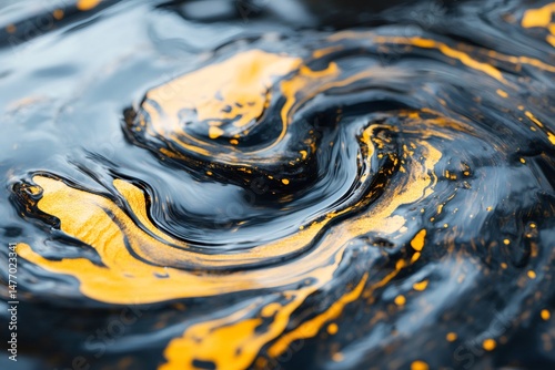 Mixture of golden and black paints creating a mesmerizing swirling pattern, resembling a luxurious marble texture