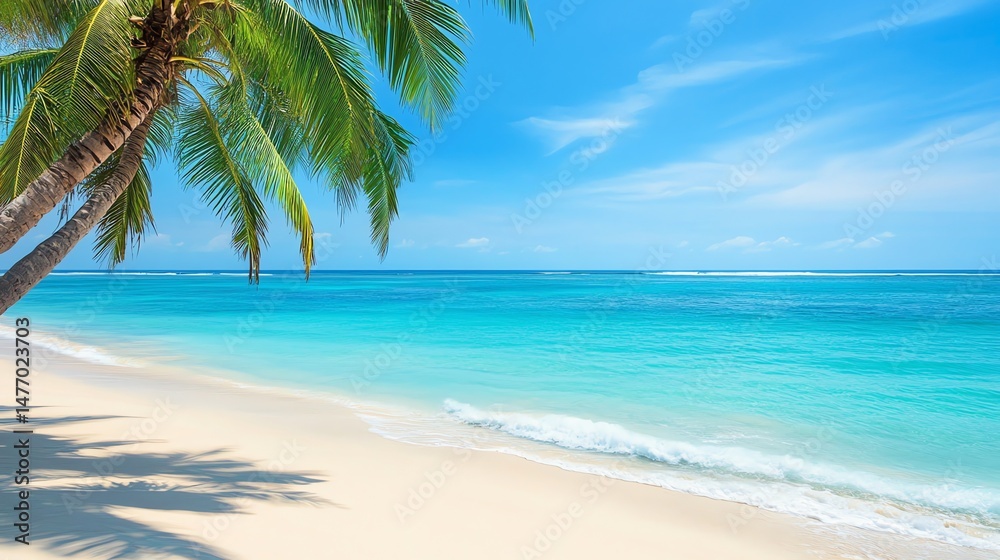 Fototapeta premium A pristine tropical beach stretches beneath a vibrant turquoise ocean, framed by lush greenery and bathed in warm sunlight.