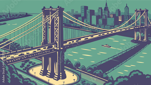 Vibrant bridge spanning river, showcasing city skyline background. scene captures essence of urban life with
