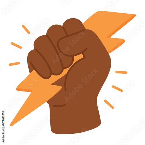Cartoon hand gripping yellow lightning bolt, symbol of resistance, power and unstoppable energy.