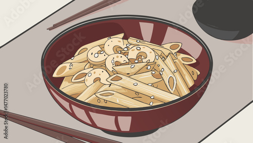 Delicious pasta with chicken and teriyaki sauce, garnished with sesame seeds, served in red bowl