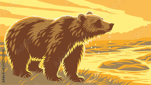 Majestic brown bear stands on shore, illuminated by warm sunset, with water droplets glistening